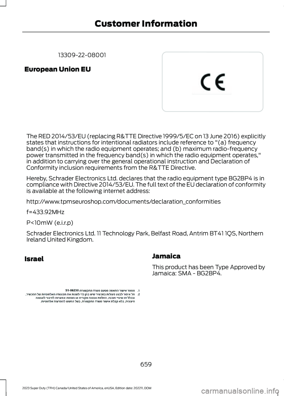 FORD SUPER DUTY 2023 Owners Manual 13309-22-08001
European Union EU
The RED 2014/53/EU (replacing R&TTE Directive 1999/5/EC on 13 June 2016) explicitlystates that instructions for intentional radiators include reference to "(a) fre FORD SUPER DUTY 2023 Owners Manual 13309-22-08001
European Union EU
The RED 2014/53/EU (replacing R&TTE Directive 1999/5/EC on 13 June 2016) explicitlystates that instructions for intentional radiators include reference to "(a) fre