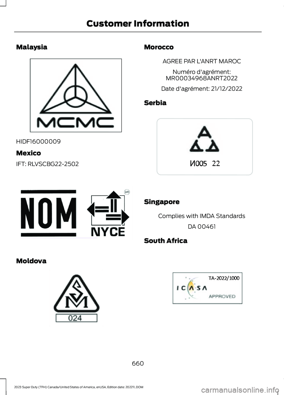FORD SUPER DUTY 2023 Owners Manual Malaysia
HIDF16000009
Mexico
IFT: RLVSCBG22-2502
Moldova
Morocco
AGREE PAR L'ANRT MAROC
Numéro d'agrément:MR00034968ANRT2022
Date d'agrément: 21/12/2022
Serbia
Singapore
Complies with I FORD SUPER DUTY 2023 Owners Manual Malaysia
HIDF16000009
Mexico
IFT: RLVSCBG22-2502
Moldova
Morocco
AGREE PAR L'ANRT MAROC
Numéro d'agrément:MR00034968ANRT2022
Date d'agrément: 21/12/2022
Serbia
Singapore
Complies with I