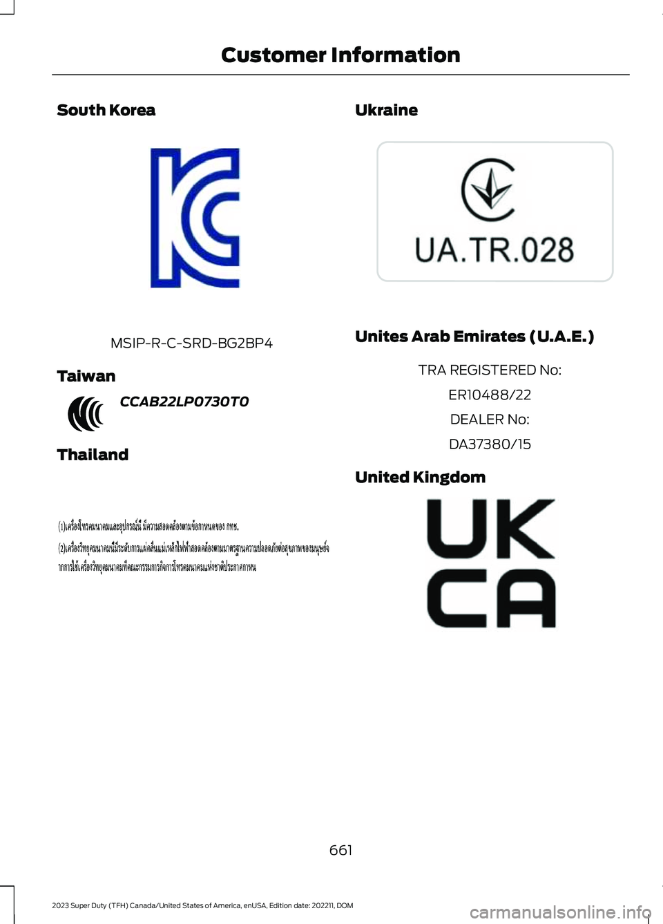 FORD SUPER DUTY 2023 Owners Manual South Korea
MSIP-R-C-SRD-BG2BP4
Taiwan
CCAB22LP0730T0
Thailand
Ukraine
Unites Arab Emirates (U.A.E.)
TRA REGISTERED No:
ER10488/22
DEALER No:
DA37380/15
United Kingdom
661
2023 Super Duty (TFH) Canada FORD SUPER DUTY 2023 Owners Manual South Korea
MSIP-R-C-SRD-BG2BP4
Taiwan
CCAB22LP0730T0
Thailand
Ukraine
Unites Arab Emirates (U.A.E.)
TRA REGISTERED No:
ER10488/22
DEALER No:
DA37380/15
United Kingdom
661
2023 Super Duty (TFH) Canada