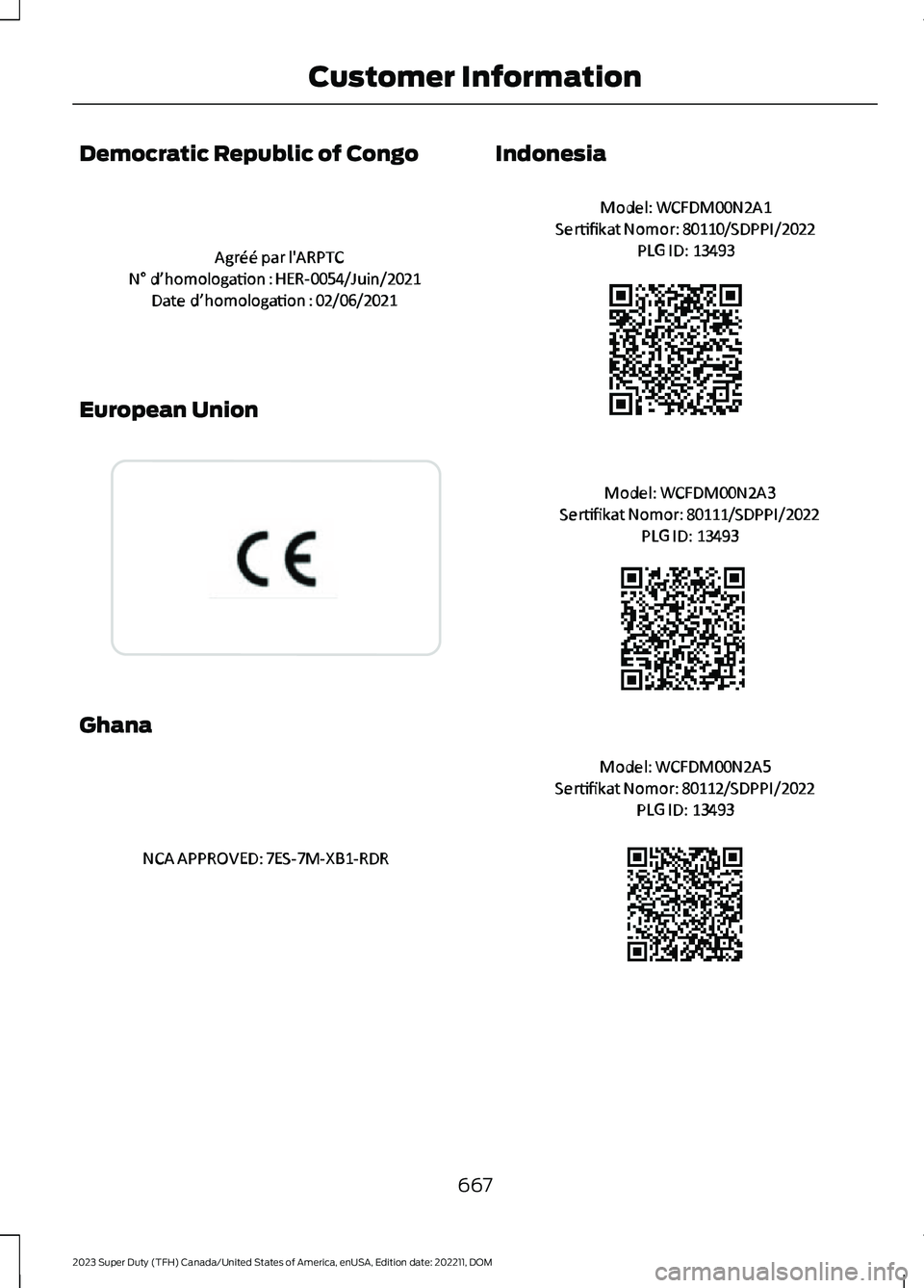 FORD SUPER DUTY 2023 Owners Manual Democratic Republic of Congo
European Union
Ghana
Indonesia
667
2023 Super Duty (TFH) Canada/United States of America, enUSA, Edition date: 202211, DOMCustomer InformationE370174 E310043 E364756 E3 FORD SUPER DUTY 2023 Owners Manual Democratic Republic of Congo
European Union
Ghana
Indonesia
667
2023 Super Duty (TFH) Canada/United States of America, enUSA, Edition date: 202211, DOMCustomer InformationE370174 E310043 E364756 E3