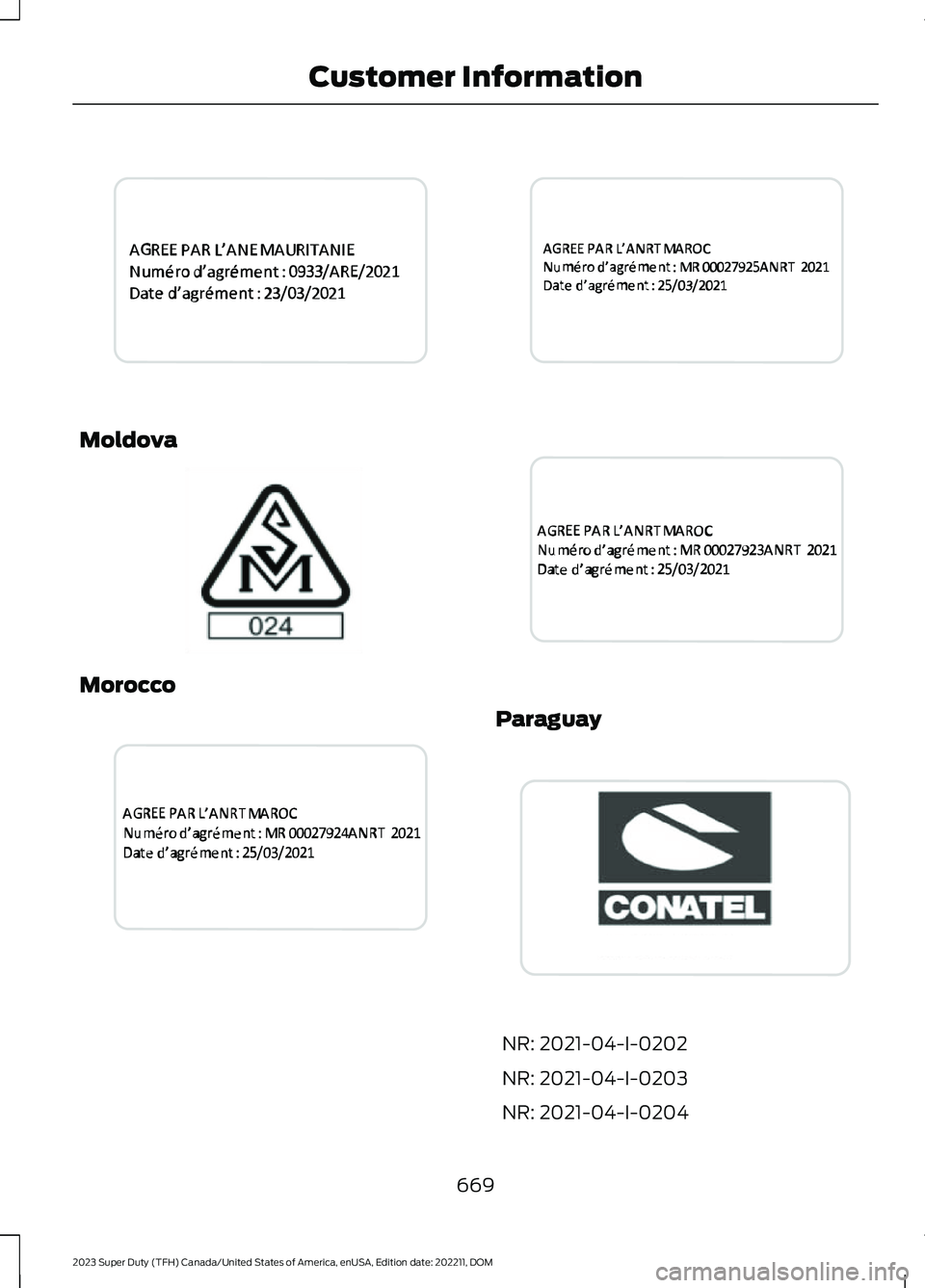 FORD SUPER DUTY 2023 Owners Manual Moldova
Morocco
Paraguay
NR: 2021-04-I-0202
NR: 2021-04-I-0203
NR: 2021-04-I-0204
669
2023 Super Duty (TFH) Canada/United States of America, enUSA, Edition date: 202211, DOMCustomer InformationE364763 FORD SUPER DUTY 2023 Owners Manual Moldova
Morocco
Paraguay
NR: 2021-04-I-0202
NR: 2021-04-I-0203
NR: 2021-04-I-0204
669
2023 Super Duty (TFH) Canada/United States of America, enUSA, Edition date: 202211, DOMCustomer InformationE364763