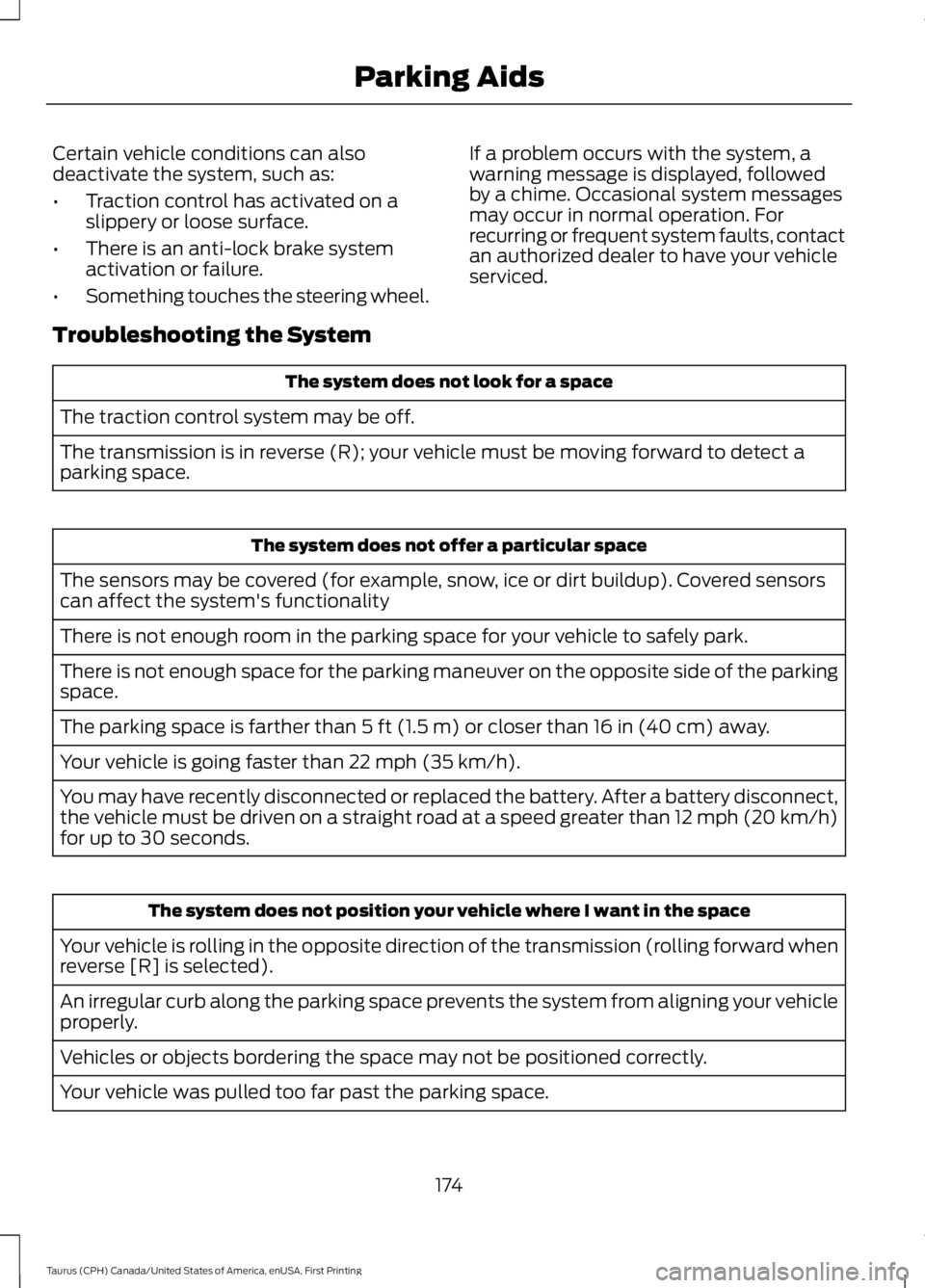 FORD TAURUS 2017 Owners Manual Certain vehicle conditions can alsodeactivate the system, such as:
•Traction control has activated on aslippery or loose surface.
•There is an anti-lock brake systemactivation or failure.
•Somet FORD TAURUS 2017 Owners Manual Certain vehicle conditions can alsodeactivate the system, such as:
•Traction control has activated on aslippery or loose surface.
•There is an anti-lock brake systemactivation or failure.
•Somet