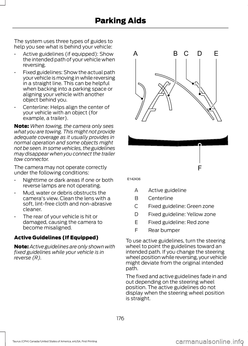 FORD TAURUS 2017  Owners Manual The system uses three types of guides tohelp you see what is behind your vehicle:
•Active guidelines (if equipped): Showthe intended path of your vehicle whenreversing.
•Fixed guidelines: Show the