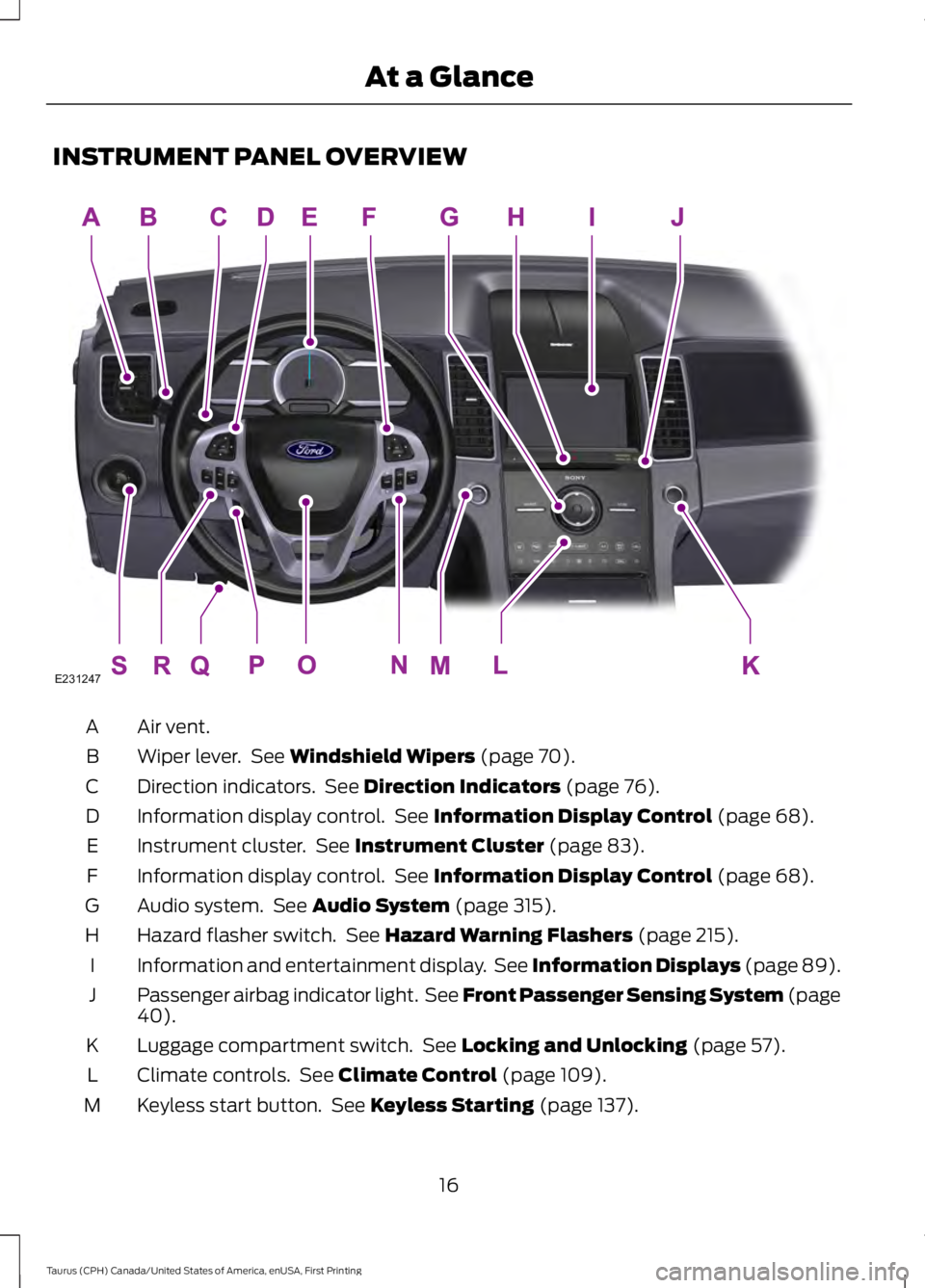 FORD TAURUS 2017 User Guide INSTRUMENT PANEL OVERVIEW
Air vent.A
Wiper lever. See Windshield Wipers (page 70).B
Direction indicators. See Direction Indicators (page 76).C
Information display control. See Information Display C FORD TAURUS 2017 User Guide INSTRUMENT PANEL OVERVIEW
Air vent.A
Wiper lever. See Windshield Wipers (page 70).B
Direction indicators. See Direction Indicators (page 76).C
Information display control. See Information Display C