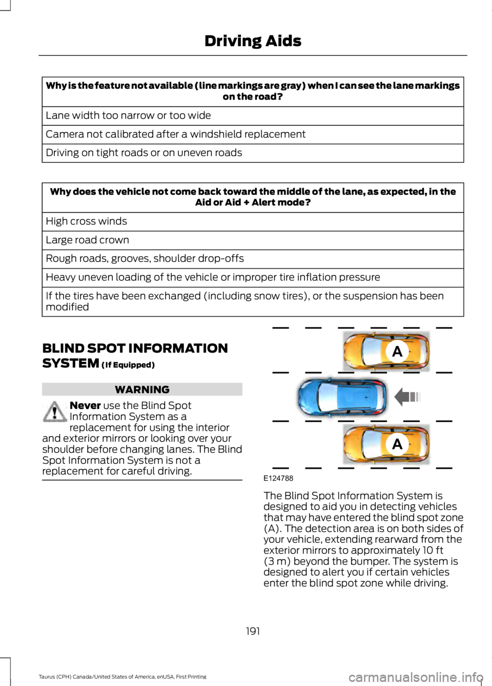FORD TAURUS 2017  Owners Manual Why is the feature not available (line markings are gray) when I can see the lane markingson the road?
Lane width too narrow or too wide
Camera not calibrated after a windshield replacement
Driving on