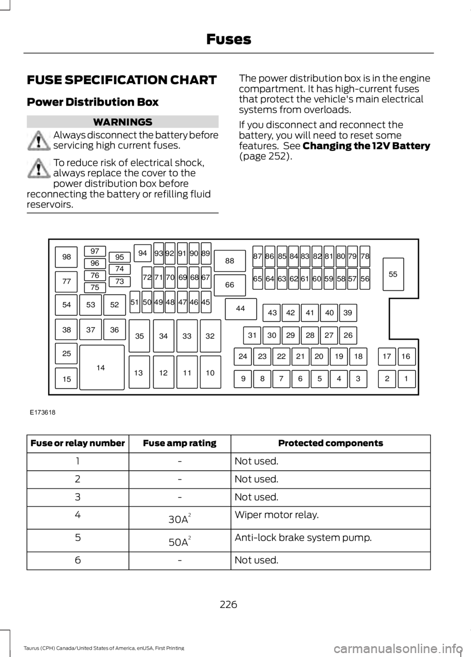 FORD TAURUS 2017  Owners Manual FUSE SPECIFICATION CHART
Power Distribution Box
WARNINGS
Always disconnect the battery beforeservicing high current fuses.
To reduce risk of electrical shock,always replace the cover to thepower distr