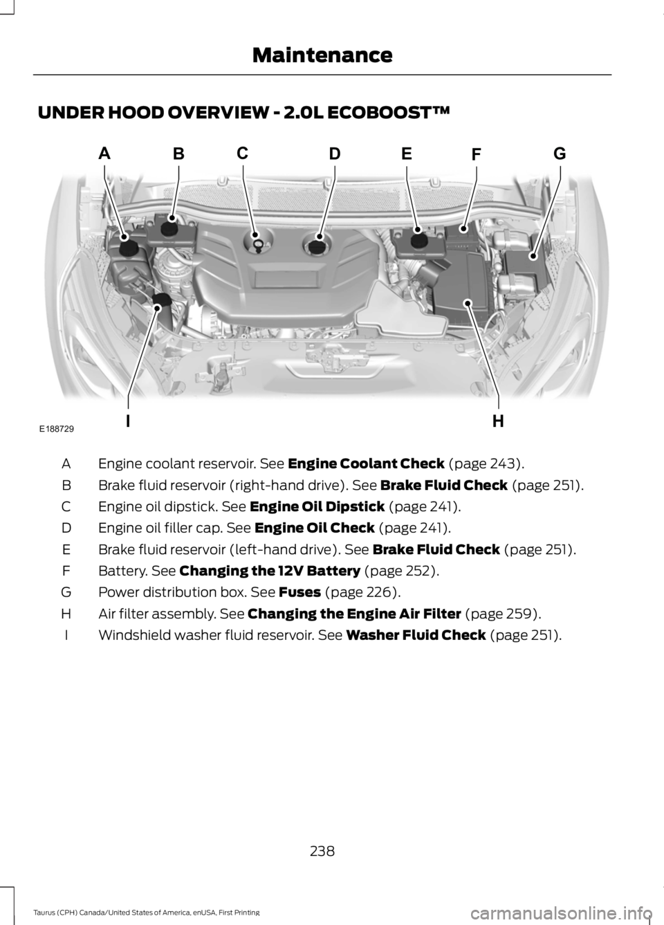 FORD TAURUS 2017 Owners Manual UNDER HOOD OVERVIEW - 2.0L ECOBOOST™
Engine coolant reservoir. See Engine Coolant Check (page 243).A
Brake fluid reservoir (right-hand drive). See Brake Fluid Check (page 251).B
Engine oil dipstick. FORD TAURUS 2017 Owners Manual UNDER HOOD OVERVIEW - 2.0L ECOBOOST™
Engine coolant reservoir. See Engine Coolant Check (page 243).A
Brake fluid reservoir (right-hand drive). See Brake Fluid Check (page 251).B
Engine oil dipstick.