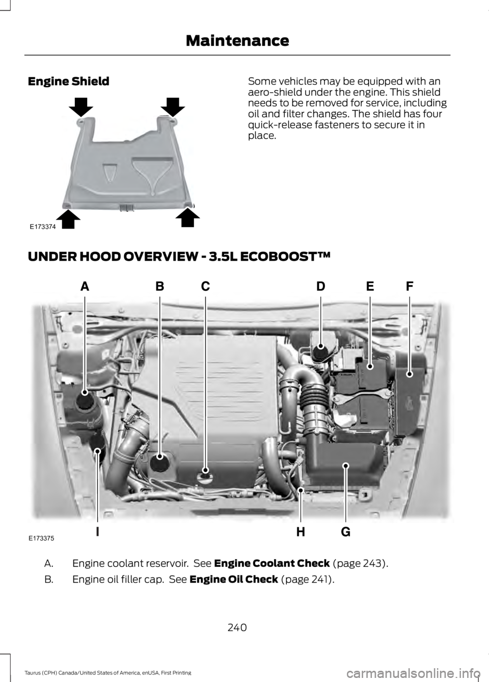 FORD TAURUS 2017 Owners Manual Engine ShieldSome vehicles may be equipped with anaero-shield under the engine. This shieldneeds to be removed for service, includingoil and filter changes. The shield has fourquick-release fasteners FORD TAURUS 2017 Owners Manual Engine ShieldSome vehicles may be equipped with anaero-shield under the engine. This shieldneeds to be removed for service, includingoil and filter changes. The shield has fourquick-release fasteners