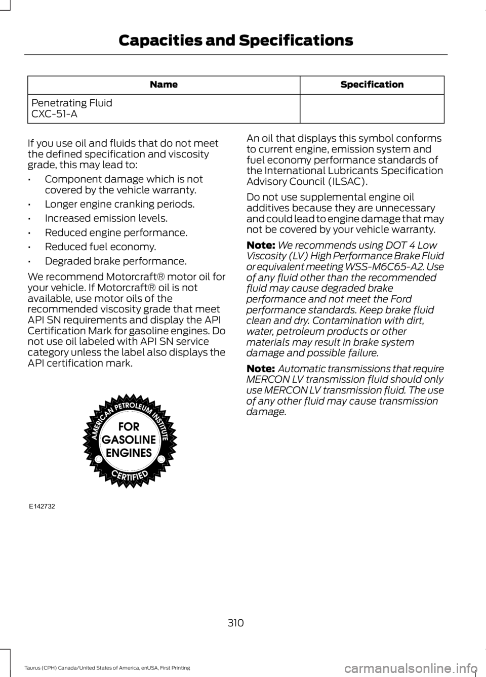 FORD TAURUS 2017 Owners Manual SpecificationName
Penetrating FluidCXC-51-A
If you use oil and fluids that do not meetthe defined specification and viscositygrade, this may lead to:
•Component damage which is notcovered by the veh FORD TAURUS 2017 Owners Manual SpecificationName
Penetrating FluidCXC-51-A
If you use oil and fluids that do not meetthe defined specification and viscositygrade, this may lead to:
•Component damage which is notcovered by the veh