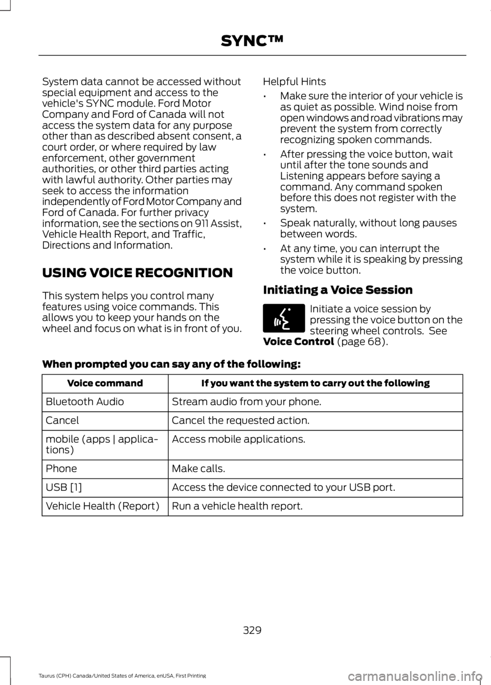 FORD TAURUS 2017 Owners Manual System data cannot be accessed withoutspecial equipment and access to thevehicle's SYNC module. Ford MotorCompany and Ford of Canada will notaccess the system data for any purposeother than as des FORD TAURUS 2017 Owners Manual System data cannot be accessed withoutspecial equipment and access to thevehicle's SYNC module. Ford MotorCompany and Ford of Canada will notaccess the system data for any purposeother than as des