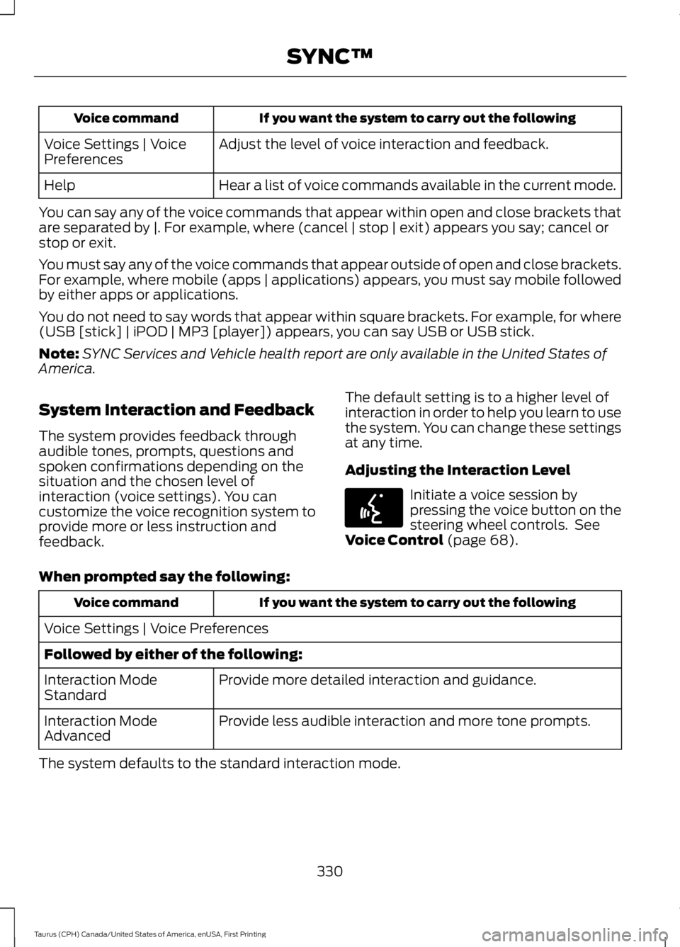 FORD TAURUS 2017 Owners Manual If you want the system to carry out the followingVoice command
Adjust the level of voice interaction and feedback.Voice Settings | VoicePreferences
Hear a list of voice commands available in the curre FORD TAURUS 2017 Owners Manual If you want the system to carry out the followingVoice command
Adjust the level of voice interaction and feedback.Voice Settings | VoicePreferences
Hear a list of voice commands available in the curre