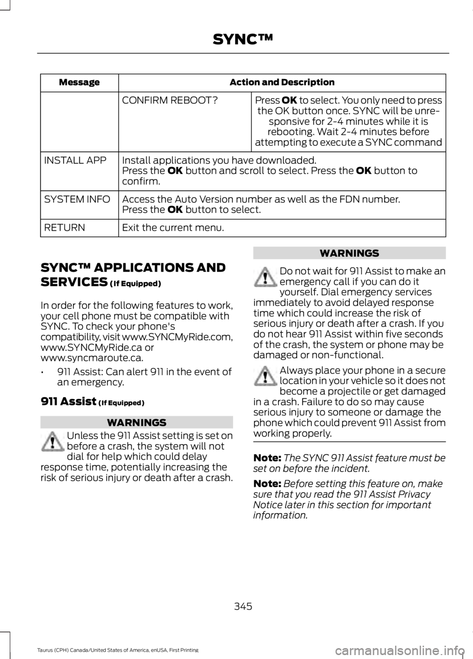 FORD TAURUS 2017 Owners Manual Action and DescriptionMessage
Press OK to select. You only need to pressthe OK button once. SYNC will be unre-sponsive for 2-4 minutes while it isrebooting. Wait 2-4 minutes beforeattempting to execut FORD TAURUS 2017 Owners Manual Action and DescriptionMessage
Press OK to select. You only need to pressthe OK button once. SYNC will be unre-sponsive for 2-4 minutes while it isrebooting. Wait 2-4 minutes beforeattempting to execut