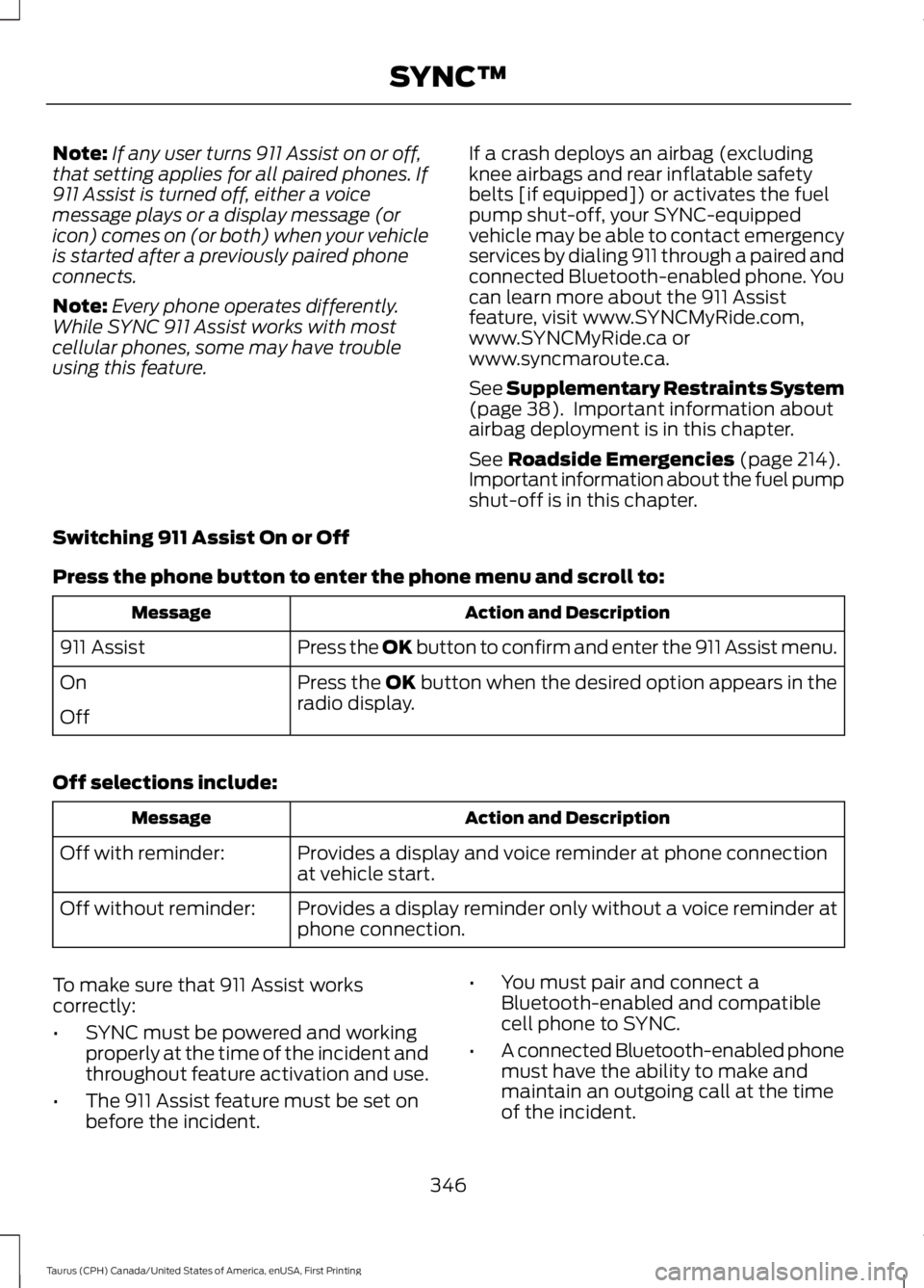 FORD TAURUS 2017 Owners Manual Note:If any user turns 911 Assist on or off,that setting applies for all paired phones. If911 Assist is turned off, either a voicemessage plays or a display message (oricon) comes on (or both) when yo FORD TAURUS 2017 Owners Manual Note:If any user turns 911 Assist on or off,that setting applies for all paired phones. If911 Assist is turned off, either a voicemessage plays or a display message (oricon) comes on (or both) when yo