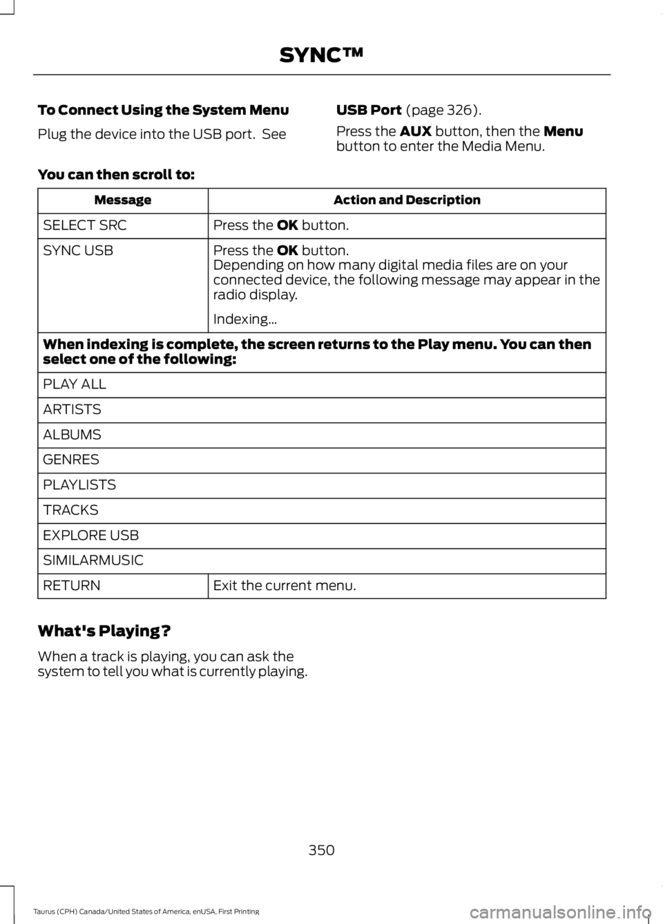 FORD TAURUS 2017 Owners Manual To Connect Using the System Menu
Plug the device into the USB port. See
USB Port (page 326).
Press the AUX button, then the Menubutton to enter the Media Menu.
You can then scroll to:
Action and Desc FORD TAURUS 2017 Owners Manual To Connect Using the System Menu
Plug the device into the USB port. See
USB Port (page 326).
Press the AUX button, then the Menubutton to enter the Media Menu.
You can then scroll to:
Action and Desc