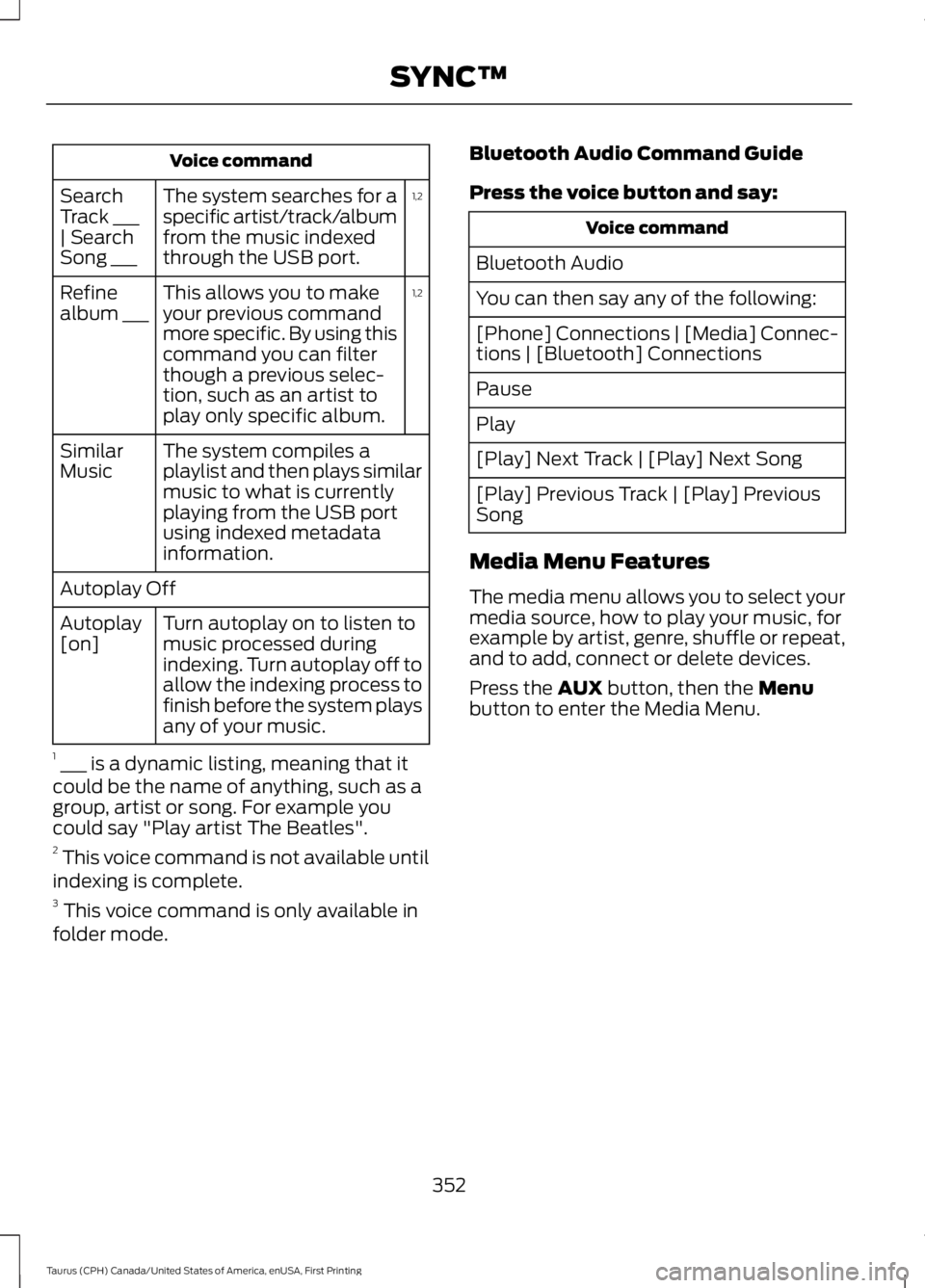 FORD TAURUS 2017 Owners Manual Voice command
1,2The system searches for aspecific artist/track/albumfrom the music indexedthrough the USB port.
SearchTrack ___| SearchSong ___
1,2This allows you to makeyour previous commandmore spe FORD TAURUS 2017 Owners Manual Voice command
1,2The system searches for aspecific artist/track/albumfrom the music indexedthrough the USB port.
SearchTrack ___| SearchSong ___
1,2This allows you to makeyour previous commandmore spe