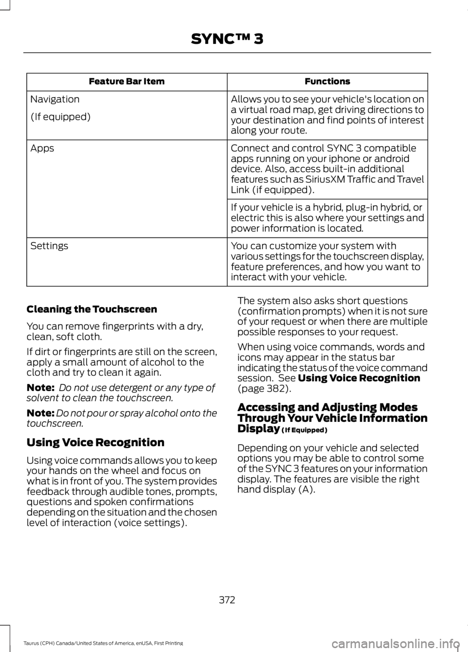 FORD TAURUS 2017 Owners Manual FunctionsFeature Bar Item
Allows you to see your vehicle's location ona virtual road map, get driving directions toyour destination and find points of interestalong your route.
Navigation
(If equi FORD TAURUS 2017 Owners Manual FunctionsFeature Bar Item
Allows you to see your vehicle's location ona virtual road map, get driving directions toyour destination and find points of interestalong your route.
Navigation
(If equi
