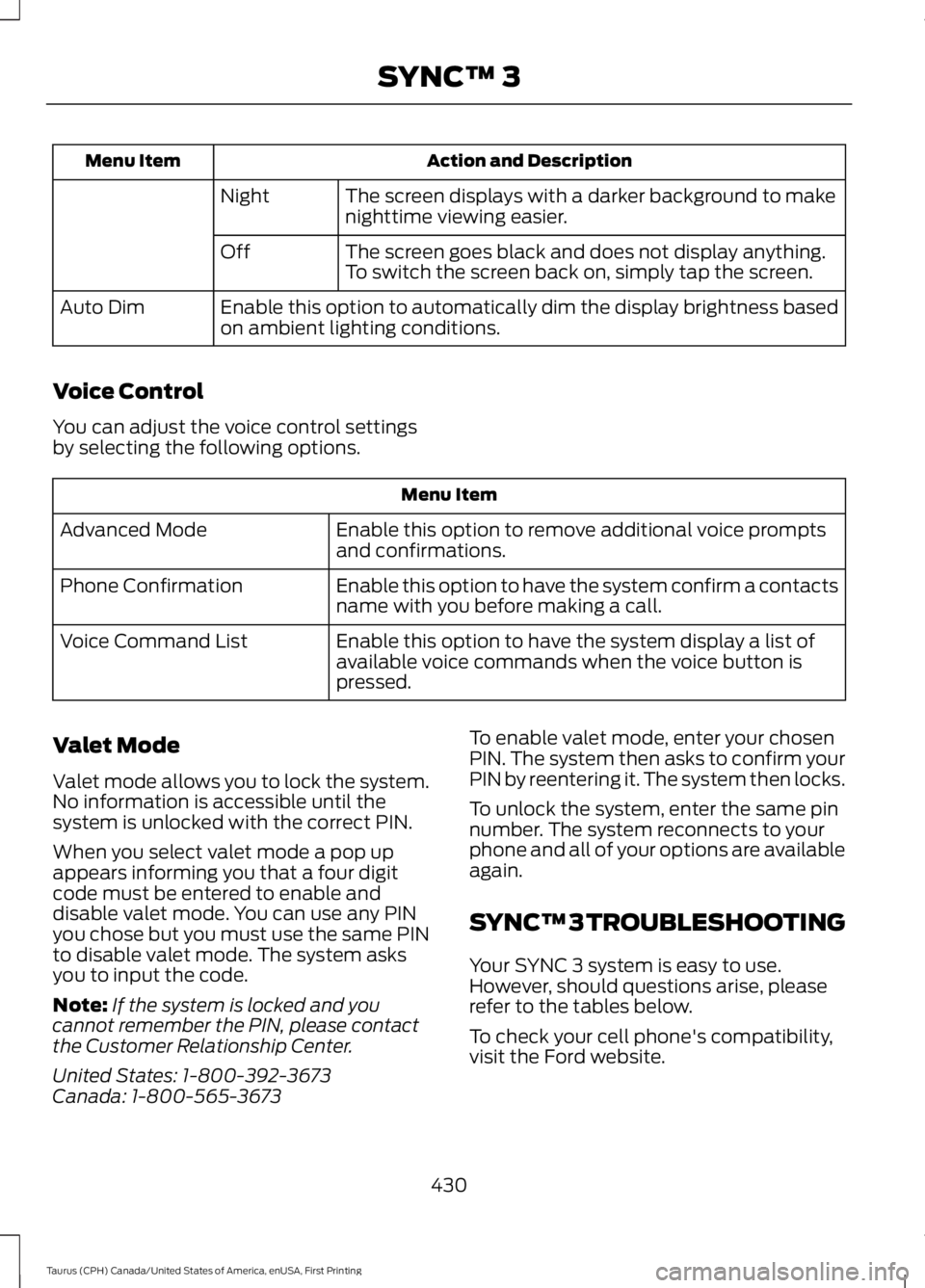 FORD TAURUS 2017 Owners Manual Action and DescriptionMenu Item
The screen displays with a darker background to makenighttime viewing easier.Night
The screen goes black and does not display anything.To switch the screen back on, sim FORD TAURUS 2017 Owners Manual Action and DescriptionMenu Item
The screen displays with a darker background to makenighttime viewing easier.Night
The screen goes black and does not display anything.To switch the screen back on, sim