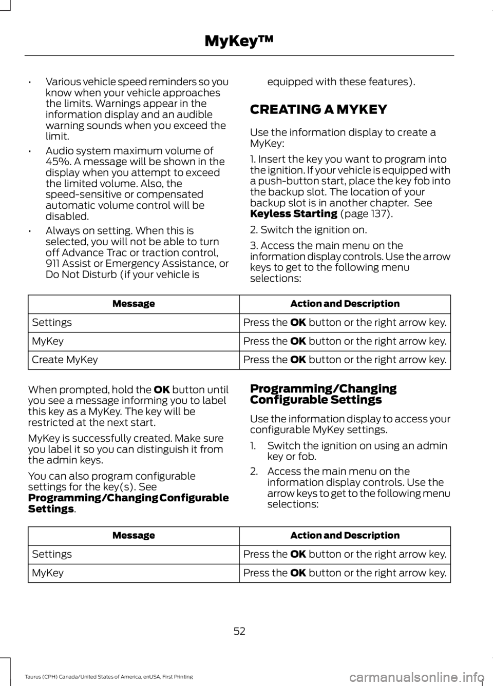 FORD TAURUS 2017  Owners Manual •Various vehicle speed reminders so youknow when your vehicle approachesthe limits. Warnings appear in theinformation display and an audiblewarning sounds when you exceed thelimit.
•Audio system m