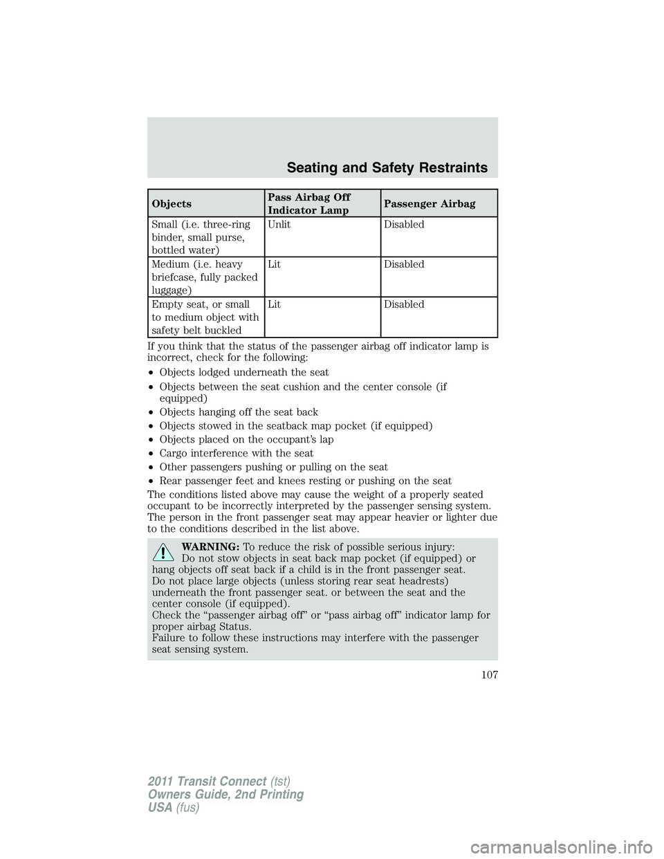 FORD TRANSIT 2011  Owners Manual ObjectsPass Airbag Off
Indicator LampPassenger Airbag
Small (i.e. three-ring
binder, small purse,
bottled water)Unlit Disabled
Medium (i.e. heavy
briefcase, fully packed
luggage)Lit Disabled
Empty sea