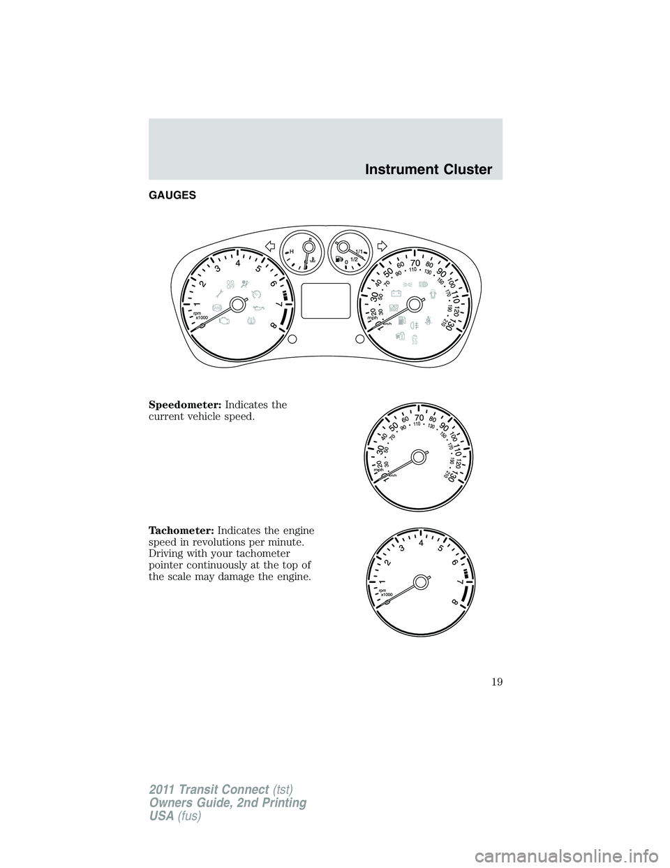 FORD TRANSIT 2011 User Guide GAUGES
Speedometer:Indicates the
current vehicle speed.
Tachometer:Indicates the engine
speed in revolutions per minute.
Driving with your tachometer
pointer continuously at the top of
the scale may d