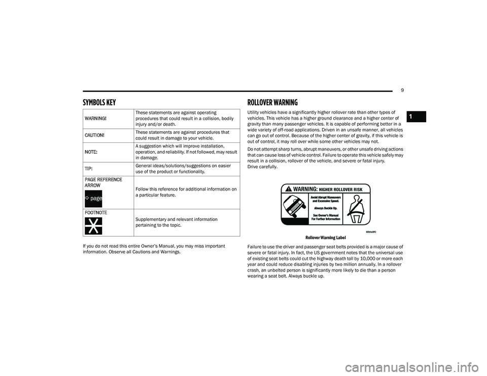 DODGE DURANGO 2022  Owners Manual 
9
SYMBOLS KEY
If you do not read this entire Owner’s Manual, you may miss important 
information. Observe all Cautions and Warnings.
ROLLOVER WARNING 
Utility vehicles have a significantly higher r