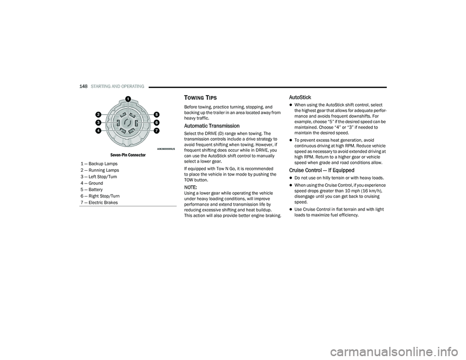DODGE DURANGO 2022 Service Manual
148STARTING AND OPERATING
Seven-Pin Connector
TOWING TIPS
Before towing, practice turning, stopping, and
backing up the trailer in an area located away from
heavy traffic.
Automatic Transmissi DODGE DURANGO 2022 Service Manual
148STARTING AND OPERATING
Seven-Pin Connector
TOWING TIPS
Before towing, practice turning, stopping, and
backing up the trailer in an area located away from
heavy traffic.
Automatic Transmissi