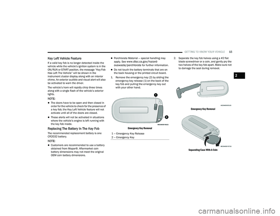 DODGE DURANGO 2022 Owners Manual
GETTING TO KNOW YOUR VEHICLE15
Key Left Vehicle Feature
If a valid key fob is no longer detected inside the
vehicle while the vehicle’s ignition system is in the
ON/RUN or START position, the mes DODGE DURANGO 2022 Owners Manual
GETTING TO KNOW YOUR VEHICLE15
Key Left Vehicle Feature
If a valid key fob is no longer detected inside the
vehicle while the vehicle’s ignition system is in the
ON/RUN or START position, the mes
