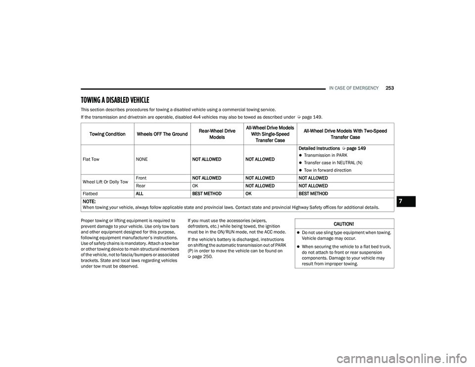 DODGE DURANGO 2022 User Guide
IN CASE OF EMERGENCY253
TOWING A DISABLED VEHICLE
This section describes procedures for towing a disabled vehicle using a commercial towing service.
If the transmission and drivetrain are operable, DODGE DURANGO 2022 User Guide
IN CASE OF EMERGENCY253
TOWING A DISABLED VEHICLE
This section describes procedures for towing a disabled vehicle using a commercial towing service.
If the transmission and drivetrain are operable,