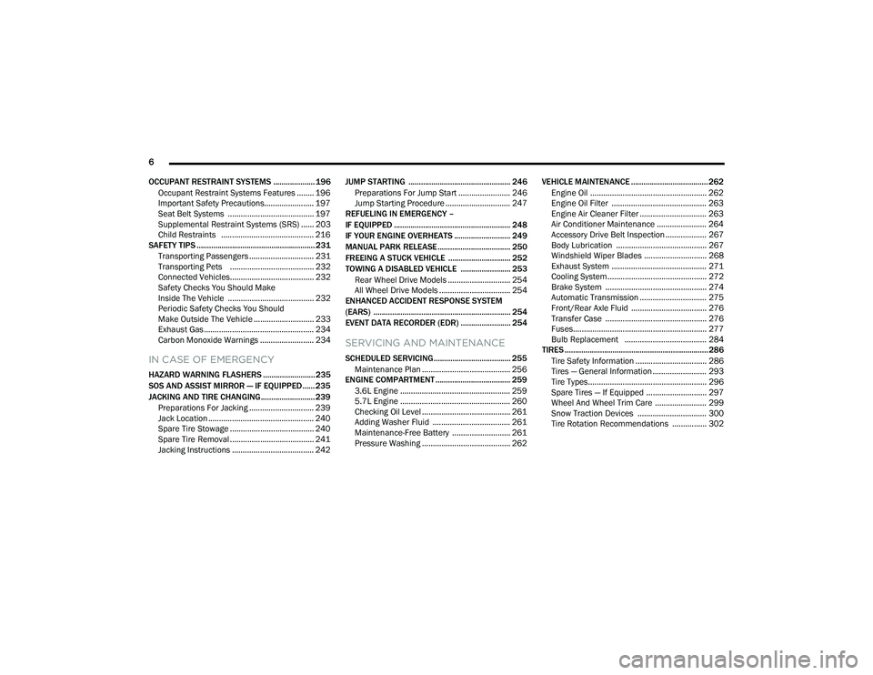 DODGE DURANGO 2022  Owners Manual 
6 
OCCUPANT RESTRAINT SYSTEMS .................... 196 Occupant Restraint Systems Features ........ 196
Important Safety Precautions....................... 197
Seat Belt Systems  ....................