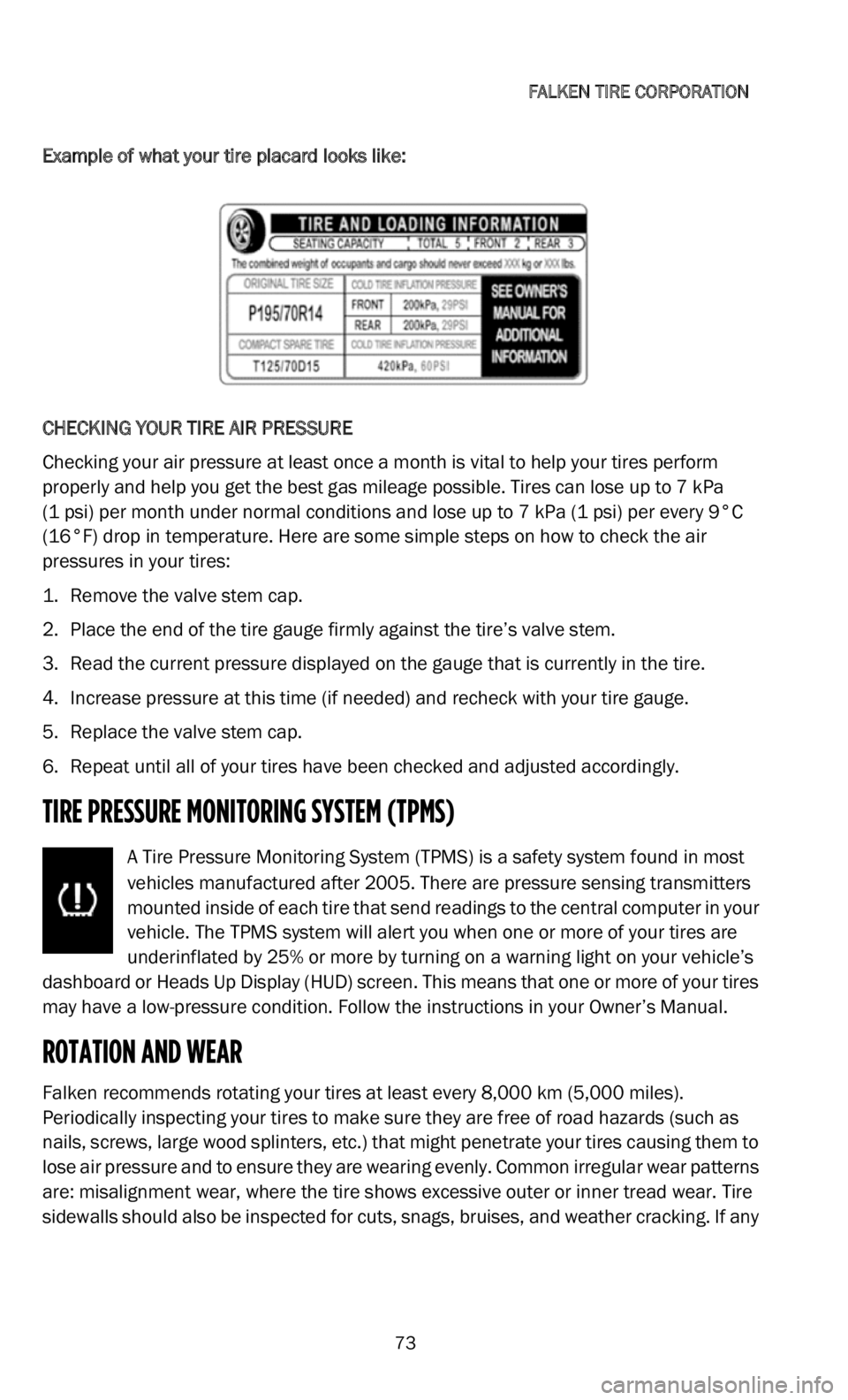 DODGE CHALLENGER 2022  Vehicle Warranty 
FALKEN TIRE CORPORATION   
73
Example of what your tire placard looks like:
CHECKING YOUR TIRE AIR PRESSURE
Checking your air pressure at least once a month is vital to help your tires perform 
p r


