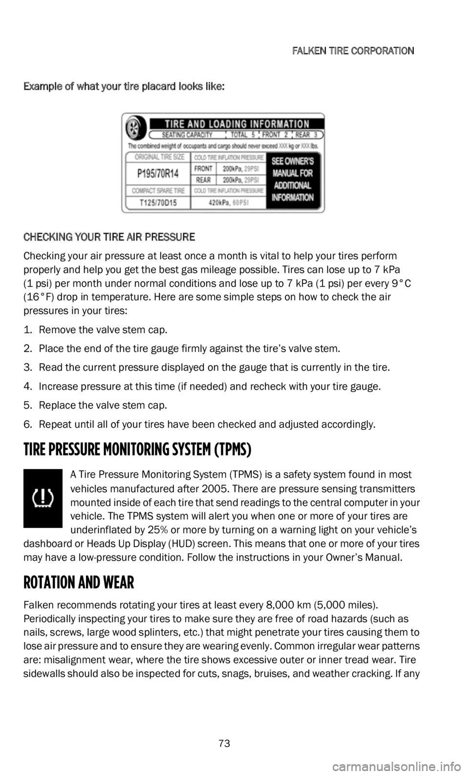 DODGE CHARGER 2022  Vehicle Warranty 
FALKEN TIRE CORPORATION   
73
Example of what your tire placard looks like:
CHECKING YOUR TIRE AIR PRESSURE
Checking your air pressure at least once a month is vital to help your tires perform 
p r

