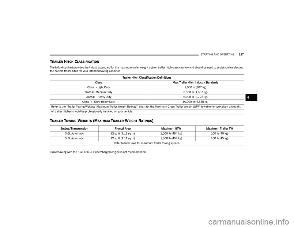 DODGE CHARGER 2022 Owners Manual
STARTING AND OPERATING117
TRAILER HITCH CLASSIFICATION
The following chart provides the industry standard for the maximum trailer weight a given trailer hitch class can tow and should be used to assi DODGE CHARGER 2022 Owners Manual
STARTING AND OPERATING117
TRAILER HITCH CLASSIFICATION
The following chart provides the industry standard for the maximum trailer weight a given trailer hitch class can tow and should be used to assi