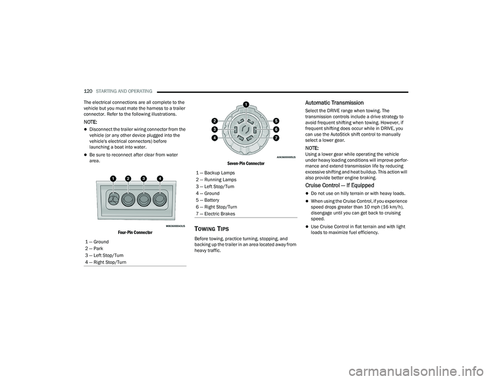 DODGE CHARGER 2022 Owners Manual
120STARTING AND OPERATING
The electrical connections are all complete to the
vehicle but you must mate the harness to a trailer
connector. Refer to the following illustrations.
NOTE:
Disconnec DODGE CHARGER 2022 Owners Manual
120STARTING AND OPERATING
The electrical connections are all complete to the
vehicle but you must mate the harness to a trailer
connector. Refer to the following illustrations.
NOTE:
Disconnec