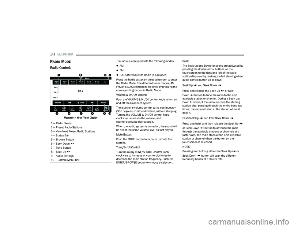 DODGE CHARGER 2022  Owners Manual 
142MULTIMEDIA  
RADIO MODE 
Radio Controls  

Uconnect 4 With 7-inch Display
 The radio is equipped with the following modes: 
AM
FM
SiriusXM® Satellite Radio (if equipped)
Press the Radio 