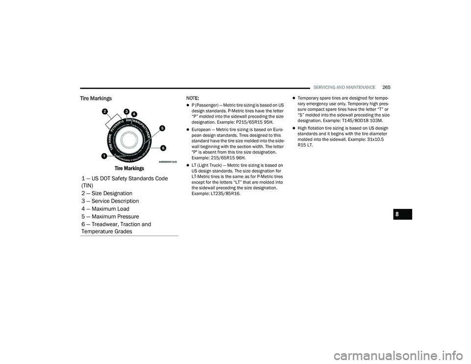DODGE CHARGER 2022 Owners Manual
SERVICING AND MAINTENANCE265
Tire Markings
Tire Markings
NOTE:
P (Passenger) — Metric tire sizing is based on US
design standards. P-Metric tires have the letter
“P” molded into the sid DODGE CHARGER 2022 Owners Manual
SERVICING AND MAINTENANCE265
Tire Markings
Tire Markings
NOTE:
P (Passenger) — Metric tire sizing is based on US
design standards. P-Metric tires have the letter
“P” molded into the sid