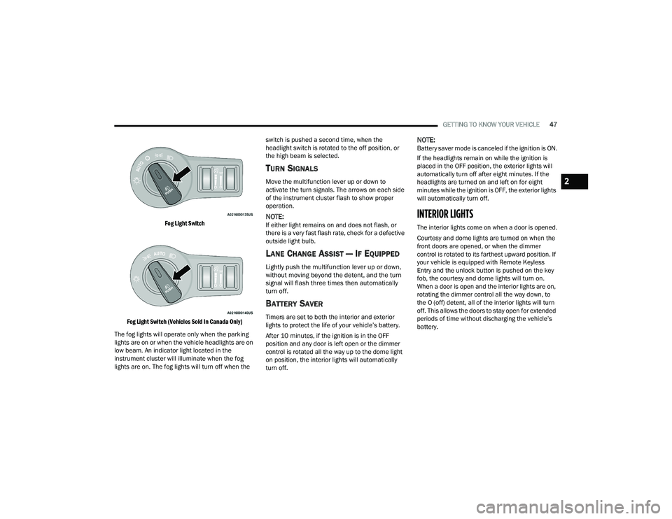 DODGE CHARGER 2022 Service Manual 
GETTING TO KNOW YOUR VEHICLE47

Fog Light Switch
Fog Light Switch (Vehicles Sold In Canada Only)

The fog lights will operate only when the parking 
lights are on or when the vehicle headlights are o