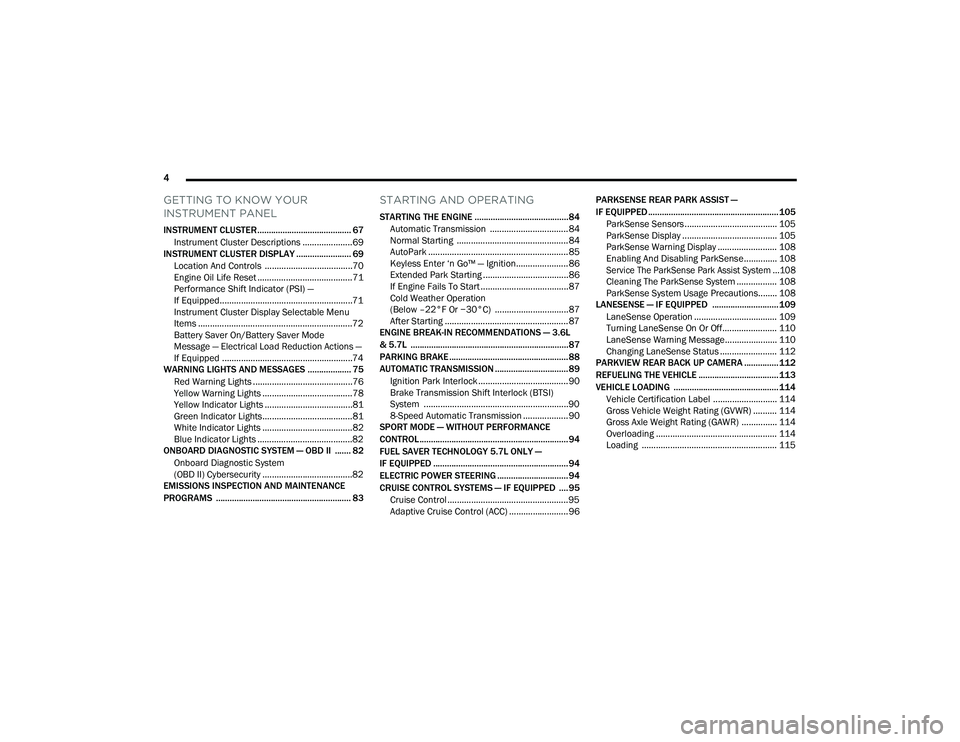 DODGE CHARGER 2022  Owners Manual 
4 
GETTING TO KNOW YOUR 
INSTRUMENT PANEL
INSTRUMENT CLUSTER......................................... 67
Instrument Cluster Descriptions .....................69
INSTRUMENT CLUSTER DISPLAY ...........