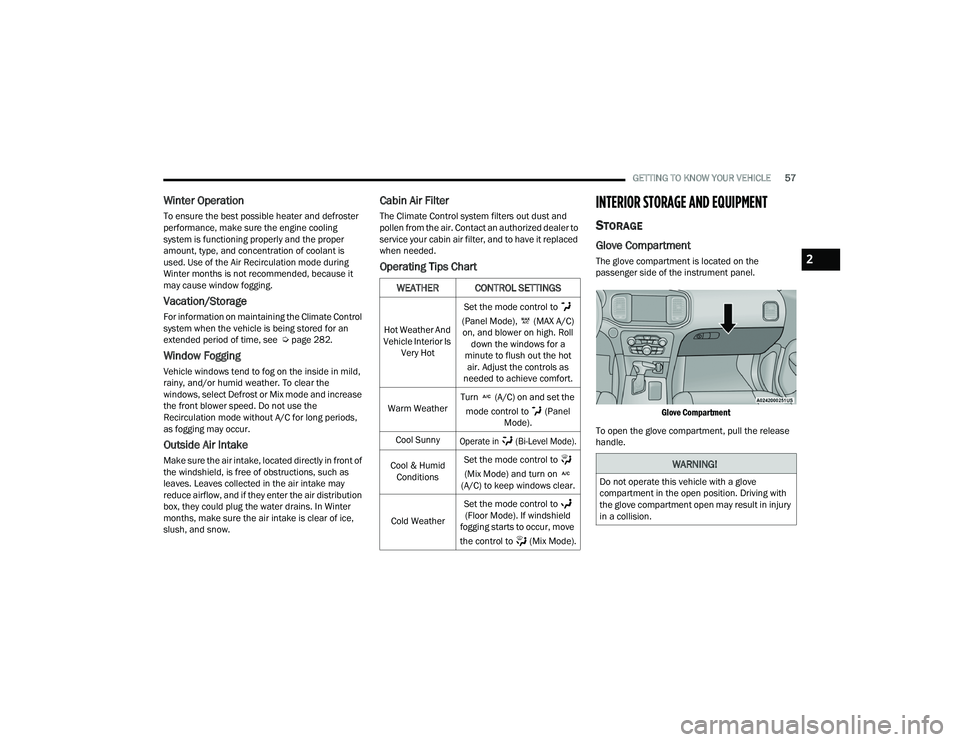 DODGE CHARGER 2022  Owners Manual 
GETTING TO KNOW YOUR VEHICLE57
Winter Operation
To ensure the best possible heater and defroster 
performance, make sure the engine cooling 
system is functioning properly and the proper 
amount, typ