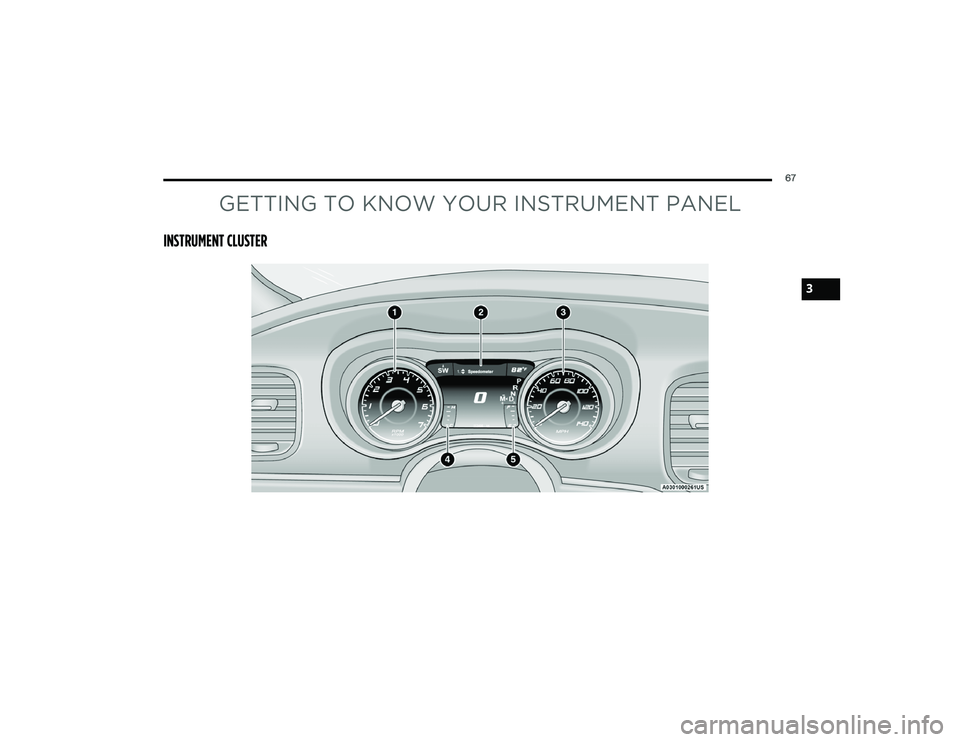 DODGE CHARGER 2022 Repair Manual
67
GETTING TO KNOW YOUR INSTRUMENT PANEL
INSTRUMENT CLUSTER
3
22_LD_OM_EN_USC_t.book Page 67 DODGE CHARGER 2022 Repair Manual
67
GETTING TO KNOW YOUR INSTRUMENT PANEL
INSTRUMENT CLUSTER
3
22_LD_OM_EN_USC_t.book Page 67