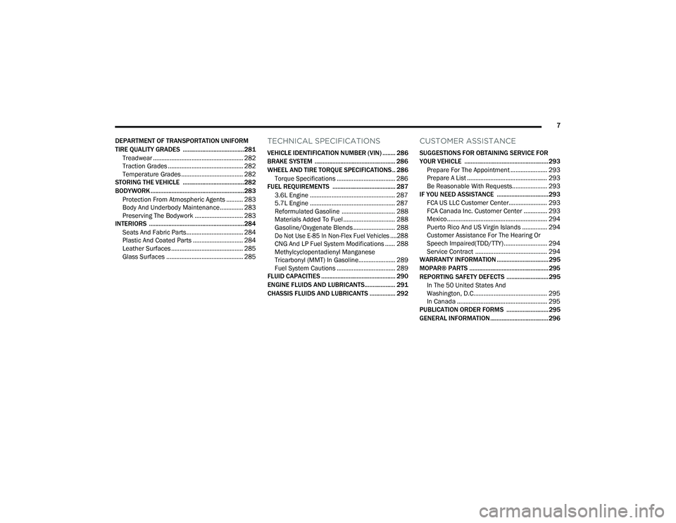 DODGE CHARGER 2022  Owners Manual 
7
DEPARTMENT OF TRANSPORTATION UNIFORM 
TIRE QUALITY GRADES  ...................................... 281 Treadwear ...................................................... 282Traction Grades ...........