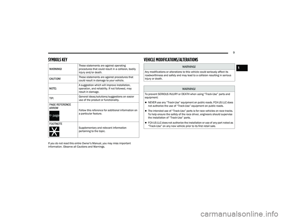 DODGE CHALLENGER 2022 User Guide
9
SYMBOLS KEY
If you do not read this entire Owner’s Manual, you may miss important
information. Observe all Cautions and Warnings.
VEHICLE MODIFICATIONS/ALTERATIONS
WARNING!These statements are DODGE CHALLENGER 2022 User Guide
9
SYMBOLS KEY
If you do not read this entire Owner’s Manual, you may miss important
information. Observe all Cautions and Warnings.
VEHICLE MODIFICATIONS/ALTERATIONS
WARNING!These statements are