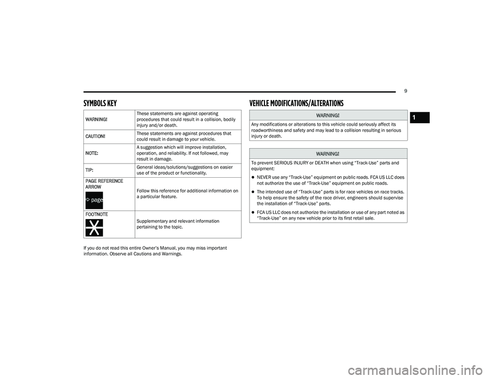 DODGE CHALLENGER 2022 User Guide 
9
SYMBOLS KEY
If you do not read this entire Owner’s Manual, you may miss important 
information. Observe all Cautions and Warnings.
VEHICLE MODIFICATIONS/ALTERATIONS  
WARNING!These statements are