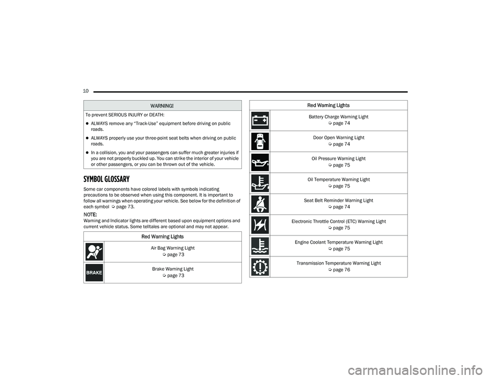 DODGE CHALLENGER 2022 User Guide 
10  
SYMBOL GLOSSARY
Some car components have colored labels with symbols indicating 
precautions to be observed when using this component. It is important to 
follow all warnings when operating your