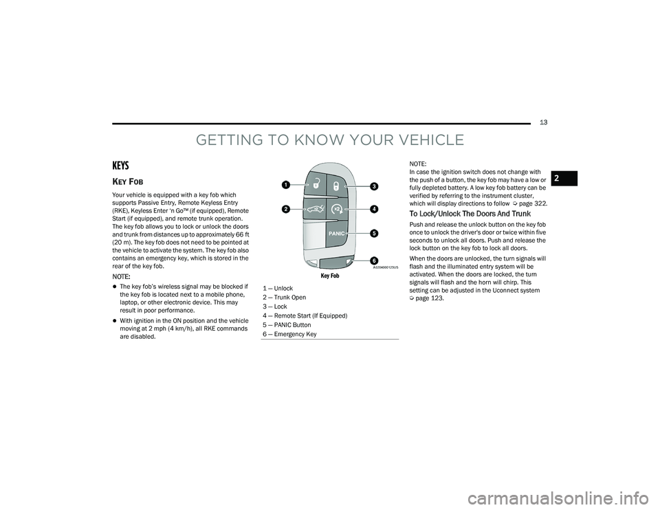 DODGE CHALLENGER 2022 User Guide
13
GETTING TO KNOW YOUR VEHICLE
KEYS
KEY FOB
Your vehicle is equipped with a key fob which
supports Passive Entry, Remote Keyless Entry
(RKE), Keyless Enter ‘n Go™ (if equipped), Remote
Start DODGE CHALLENGER 2022 User Guide
13
GETTING TO KNOW YOUR VEHICLE
KEYS
KEY FOB
Your vehicle is equipped with a key fob which
supports Passive Entry, Remote Keyless Entry
(RKE), Keyless Enter ‘n Go™ (if equipped), Remote
Start