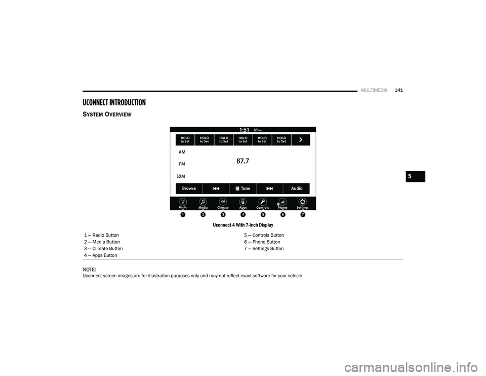 DODGE CHALLENGER 2022 Owners Manual
MULTIMEDIA141
UCONNECT INTRODUCTION
SYSTEM OVERVIEW
Uconnect 4 With 7-inch Display
NOTE:
Uconnect screen images are for illustration purposes only and may not reflect exact software for your vehicle DODGE CHALLENGER 2022 Owners Manual
MULTIMEDIA141
UCONNECT INTRODUCTION
SYSTEM OVERVIEW
Uconnect 4 With 7-inch Display
NOTE:
Uconnect screen images are for illustration purposes only and may not reflect exact software for your vehicle