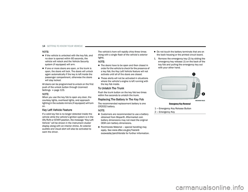 DODGE CHALLENGER 2022 User Guide
14GETTING TO KNOW YOUR VEHICLE
NOTE:
If the vehicle is unlocked with the key fob, and
no door is opened within 60 seconds, the
vehicle will relock and the Vehicle Security
system (if equipped DODGE CHALLENGER 2022 User Guide
14GETTING TO KNOW YOUR VEHICLE
NOTE:
If the vehicle is unlocked with the key fob, and
no door is opened within 60 seconds, the
vehicle will relock and the Vehicle Security
system (if equipped