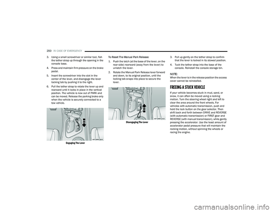 DODGE CHALLENGER 2022 Owners Manual
250IN CASE OF EMERGENCY
3. Using a small screwdriver or similar tool, fish the tether strap up through the opening in the
console base.
4. Press and maintain firm pressure on the brake pedal.
5. DODGE CHALLENGER 2022 Owners Manual
250IN CASE OF EMERGENCY
3. Using a small screwdriver or similar tool, fish the tether strap up through the opening in the
console base.
4. Press and maintain firm pressure on the brake pedal.
5.