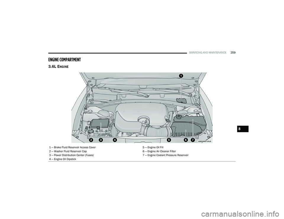 DODGE CHALLENGER 2022  Owners Manual 
SERVICING AND MAINTENANCE259
ENGINE COMPARTMENT  
3.6L ENGINE 
1 — Brake Fluid Reservoir Access Cover 5 — Engine Oil Fill
2 — Washer Fluid Reservoir Cap 6 — Engine Air Cleaner Filter
3 — Po