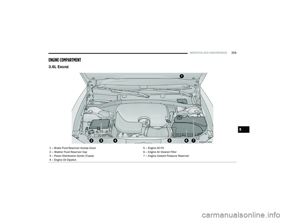 DODGE CHALLENGER 2022 Owners Manual
SERVICING AND MAINTENANCE259
ENGINE COMPARTMENT
3.6L ENGINE
1 — Brake Fluid Reservoir Access Cover 5 — Engine Oil Fill
2 — Washer Fluid Reservoir Cap 6 — Engine Air Cleaner Filter
3 — Po DODGE CHALLENGER 2022 Owners Manual
SERVICING AND MAINTENANCE259
ENGINE COMPARTMENT
3.6L ENGINE
1 — Brake Fluid Reservoir Access Cover 5 — Engine Oil Fill
2 — Washer Fluid Reservoir Cap 6 — Engine Air Cleaner Filter
3 — Po