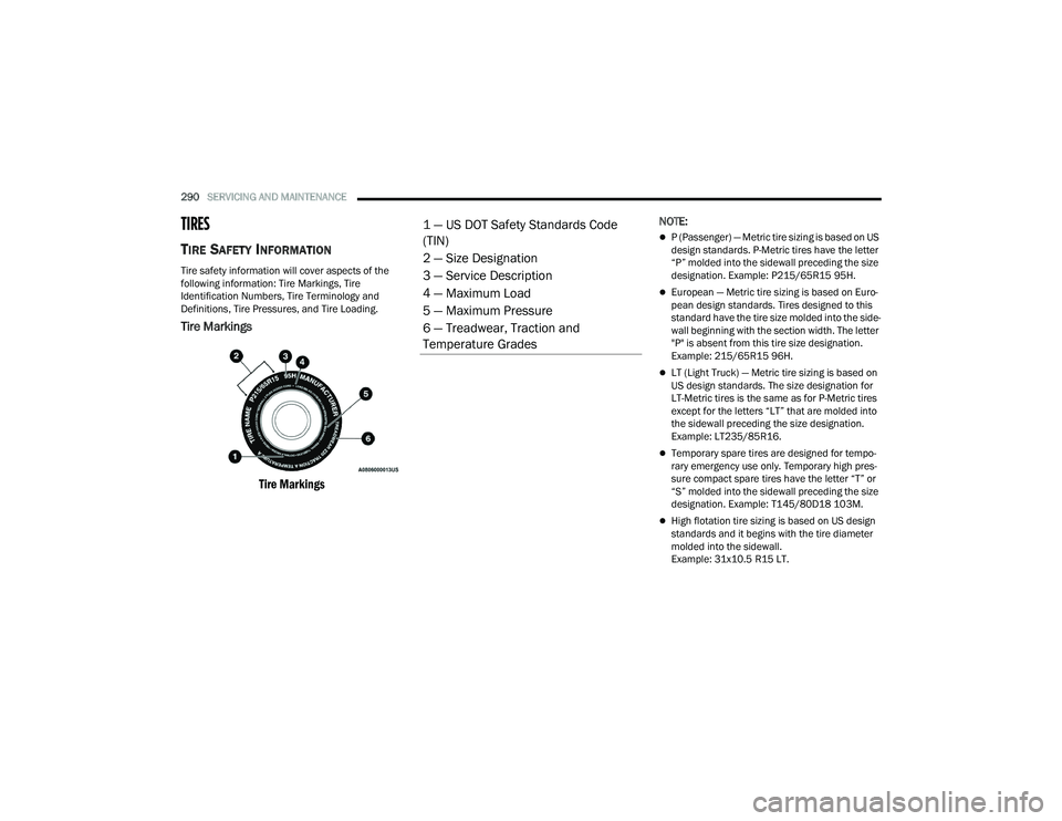 DODGE CHALLENGER 2022 Owners Manual
290SERVICING AND MAINTENANCE
TIRES
TIRE SAFETY INFORMATION
Tire safety information will cover aspects of the
following information: Tire Markings, Tire
Identification Numbers, Tire Terminology DODGE CHALLENGER 2022 Owners Manual
290SERVICING AND MAINTENANCE
TIRES
TIRE SAFETY INFORMATION
Tire safety information will cover aspects of the
following information: Tire Markings, Tire
Identification Numbers, Tire Terminology